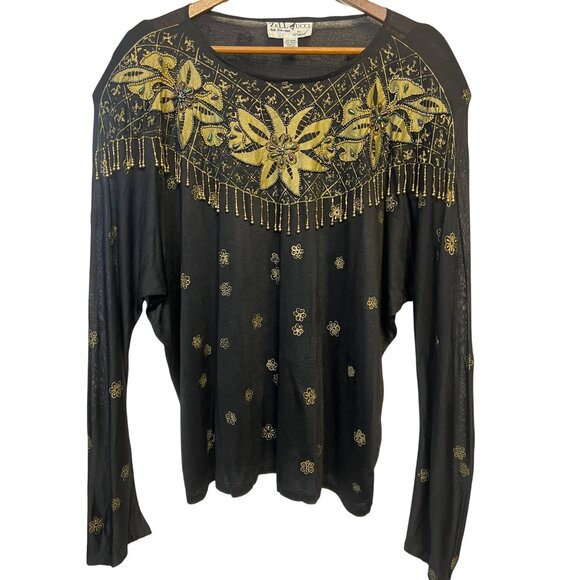 Zell Ucci Tops - VTG Zell Ucci Bali Collection Top  All Size Black & Gold Floral Beed's Party Off
